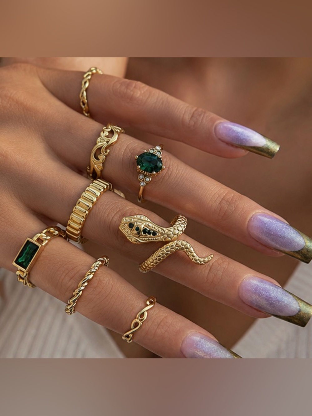 Gold Snake Statement Ring with Green Gem - Women Jewelry